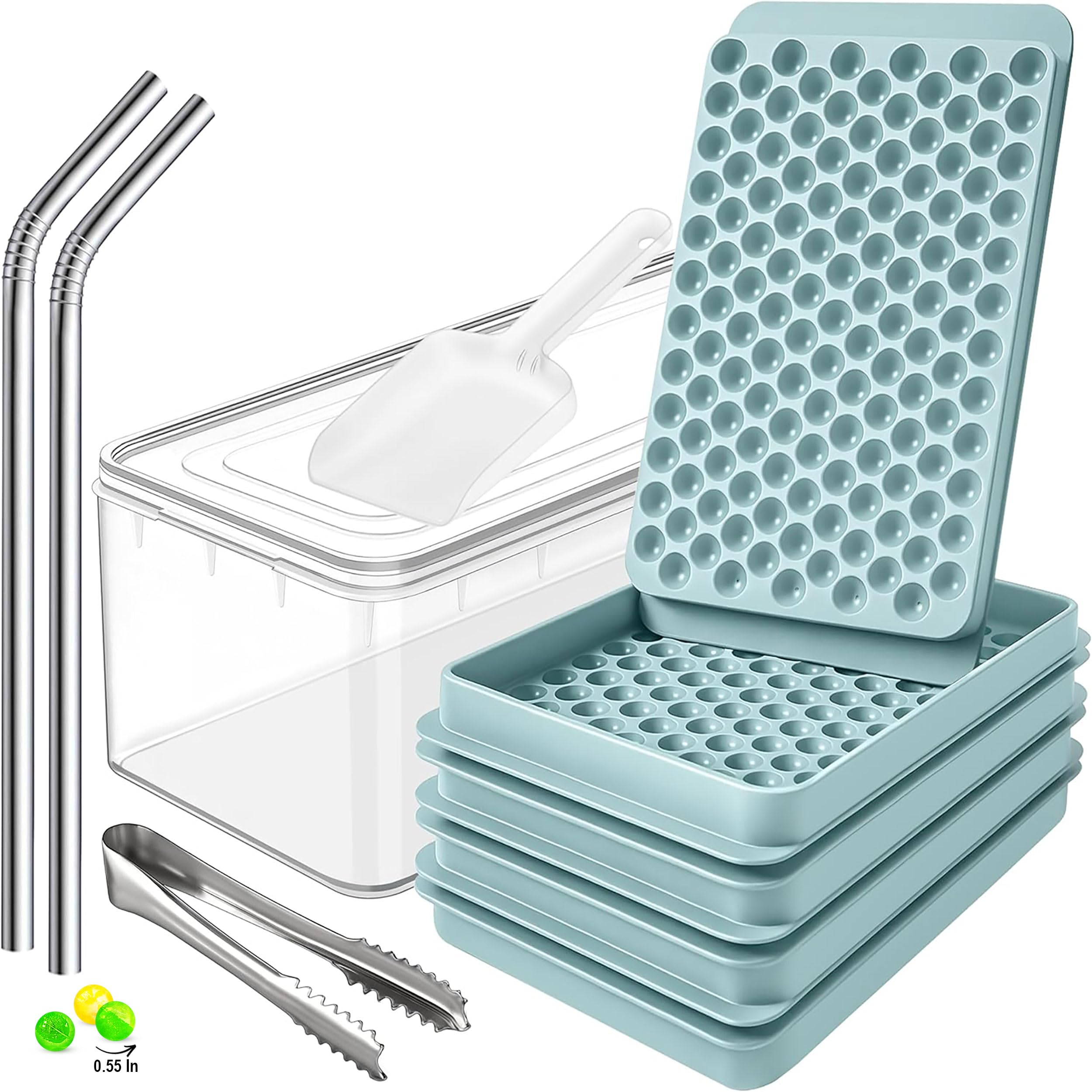 Photo 1 of 0.55in Mini Ice Cube Trays - Tiny Pebble Ice for Iced Coffee & Cocktails - Fast Chill, Easy Twist Release - Stackable with Lid, Storage Bin, Tongs, 2 Straws (4 pack, Blue)