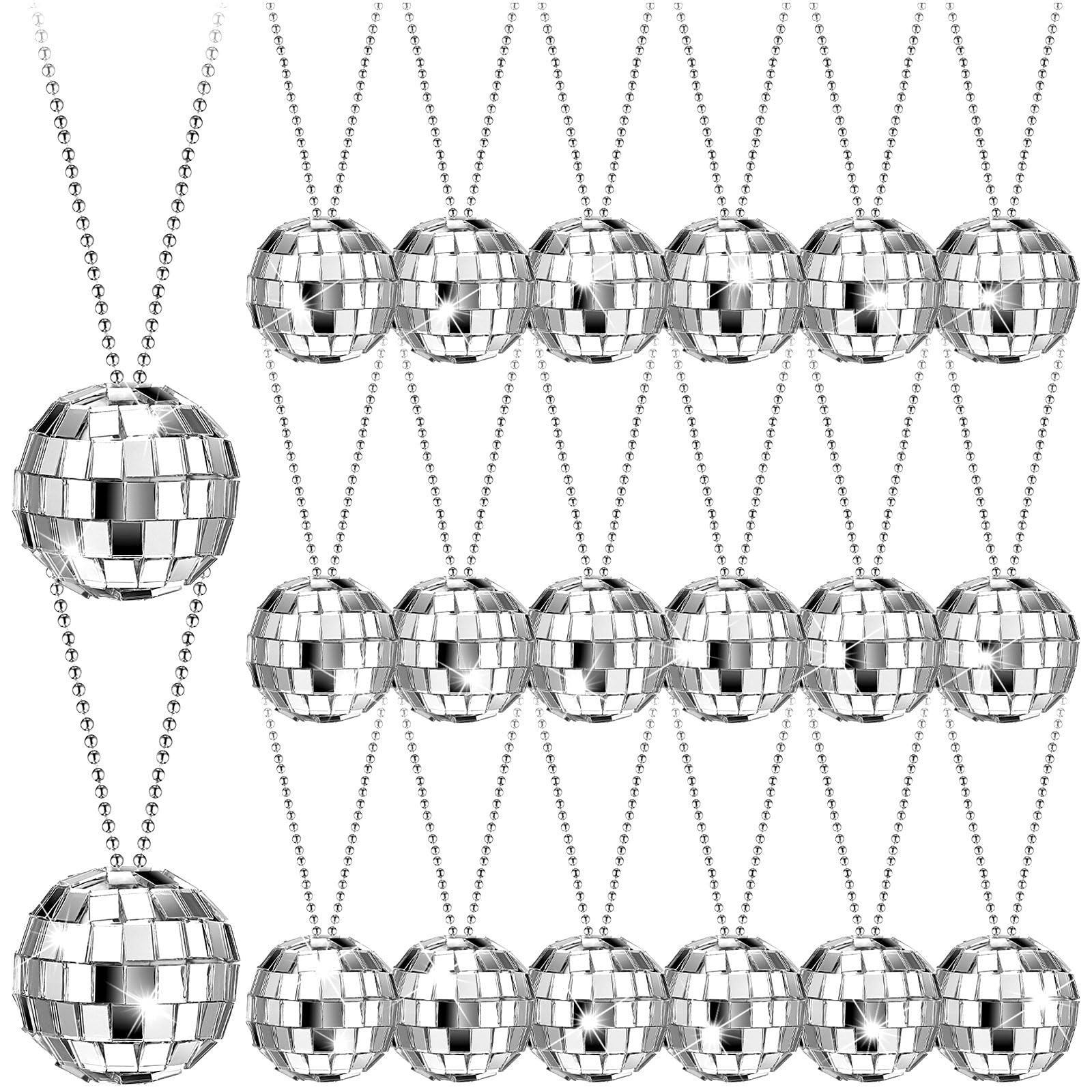 Photo 1 of Sureio 20 Pcs Mirror Disco Ball Costume Necklaces 70s Disco Silver Hanging Balls Ornament Stage Props Party Favor Halloween Decoration for Dance Supplies(0.79 Inch)
