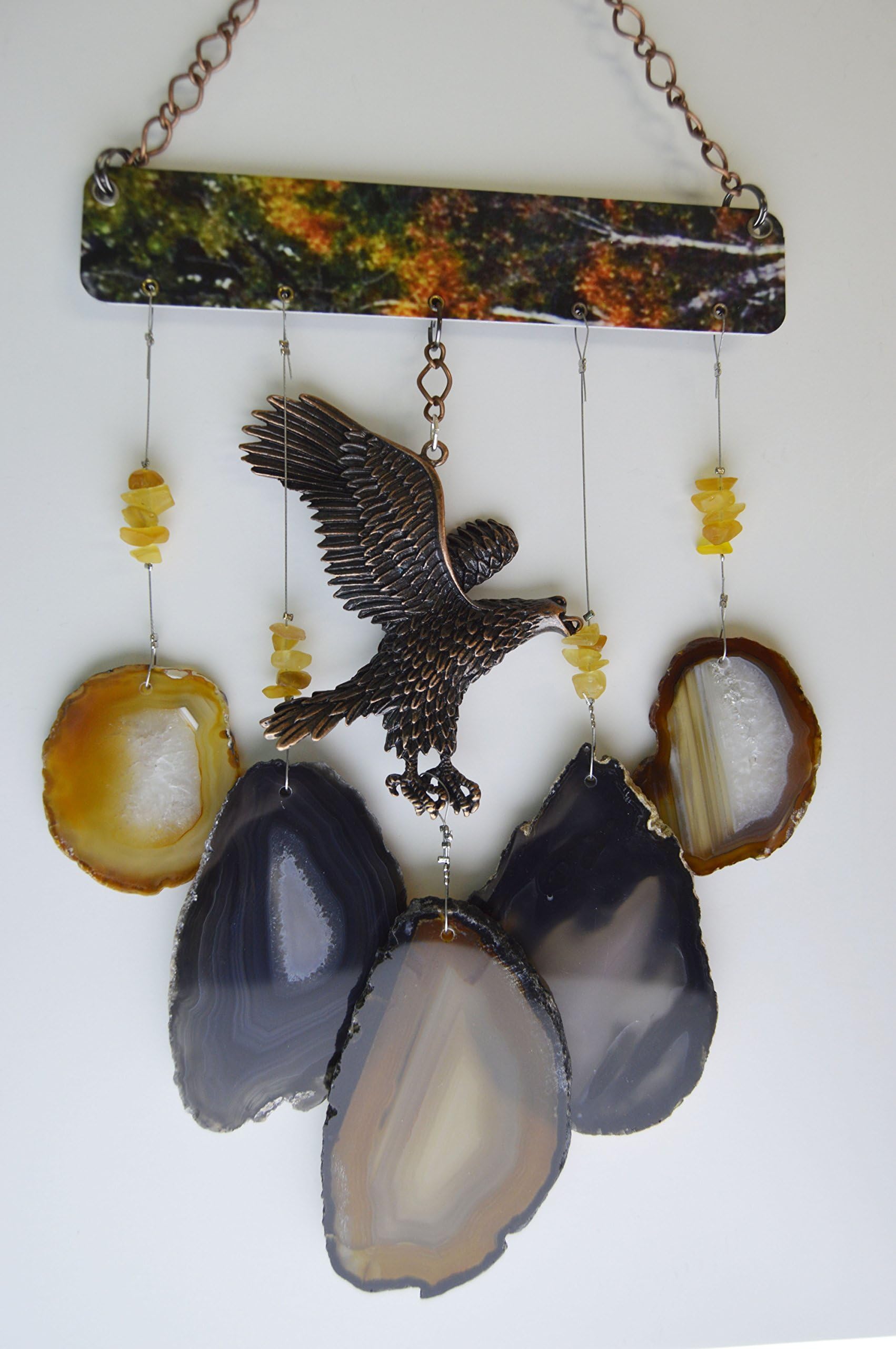 Agate slice stone geode wind chime windchime grey and amber colors with large copper Eagle sun catcher wind chime mobile
