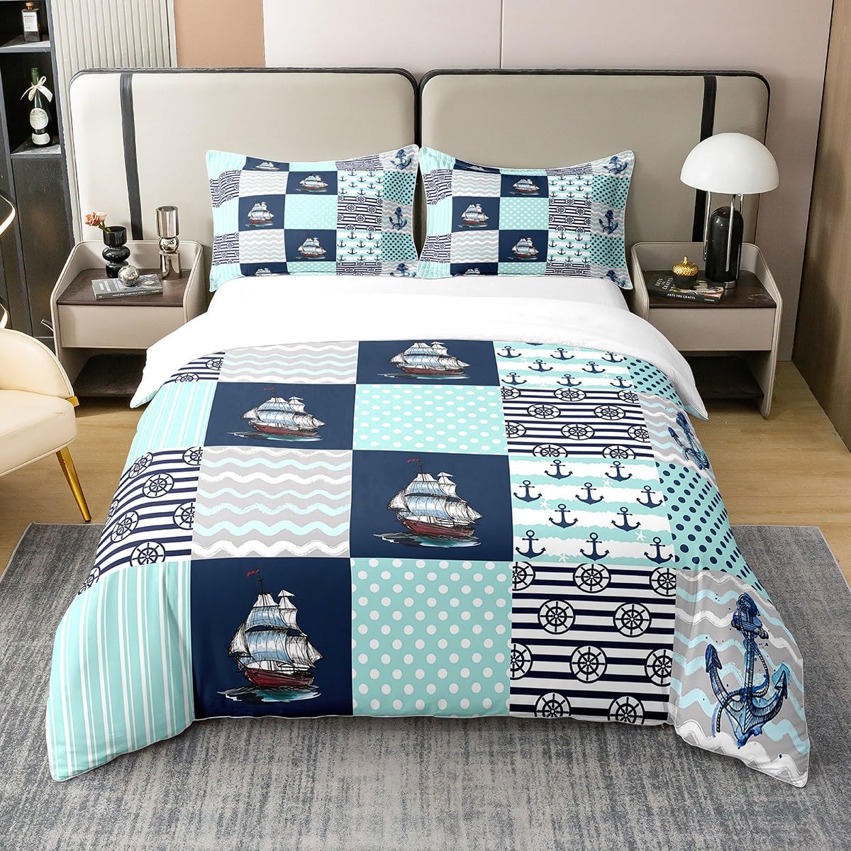 100% Washed Cotton Ships Duvet Cover for Boys Girls,Nautical Anchor Bedding Set Double,Geometric Striped Lines Comforter Cover,Vintage Lake House Bed Sets with 2 Pillow Bedroom Decor