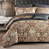 Cupocupa King Duvet Cover Set - 3pc Boho Paisley Floral Bedding - Vintage Botanical Leaf Print Soft Microfiber - All-Season Breathable Quilt Cover with Zipper & Corner Ties (King, 104"x90")