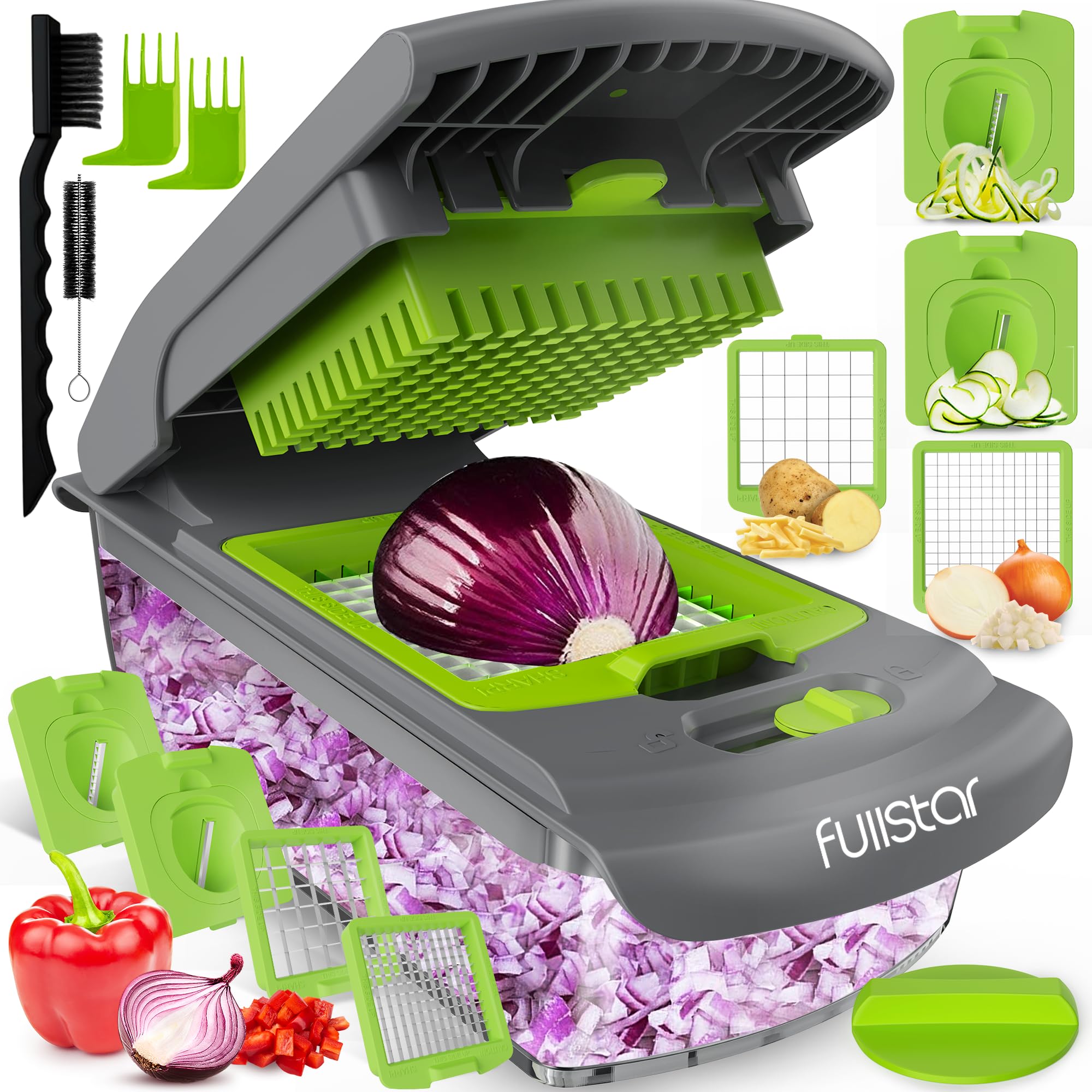 Photo 1 of Fullstar Vegetable Chopper - Food Chopper - Onion Chopper - Vegetable Slicer & Spiralizer - Veggie Chopper with Container - Kitchen Gadgets - Home Essentials - Kitchen Accessories (4 in 1, Gray/Green)