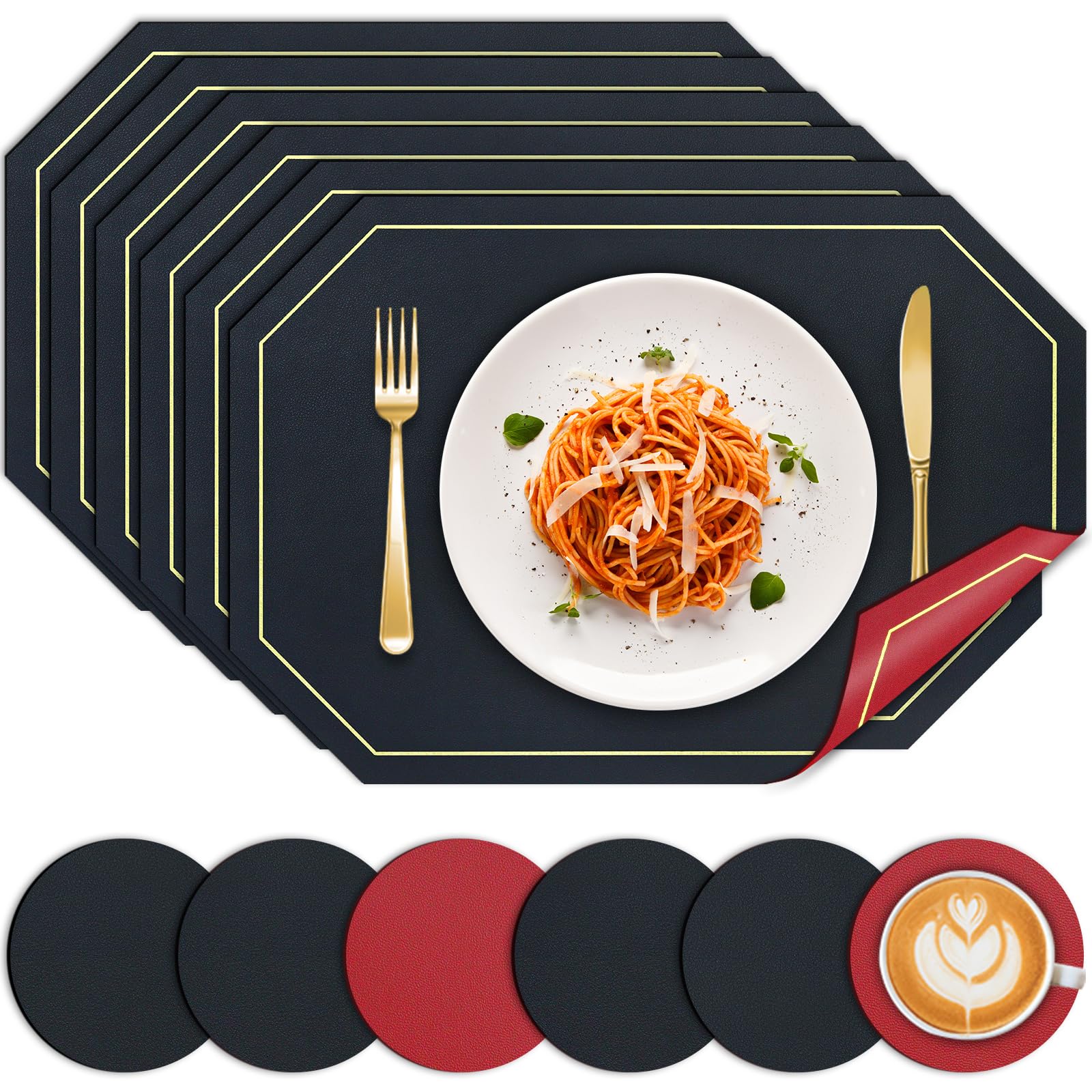 BOCHION Placemats and Coaster Sets 6, Dual Sided PU Leather Place Mats Heat Resistant Washable and Non Slip, Stain Resistant Wipe Clean Table Mat for Kitchen Indoor Outdoor Party (Black Red) — image 1
