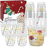 Xuelimei 12oz Christmas Disposable Plastic Cups with Lids and Straws-Christmas Balls Ornaments Drinking Cups for Holiday Party Supplies Cold Drinks, Coffee, Beer, Drinks, Ice Cream. (50)