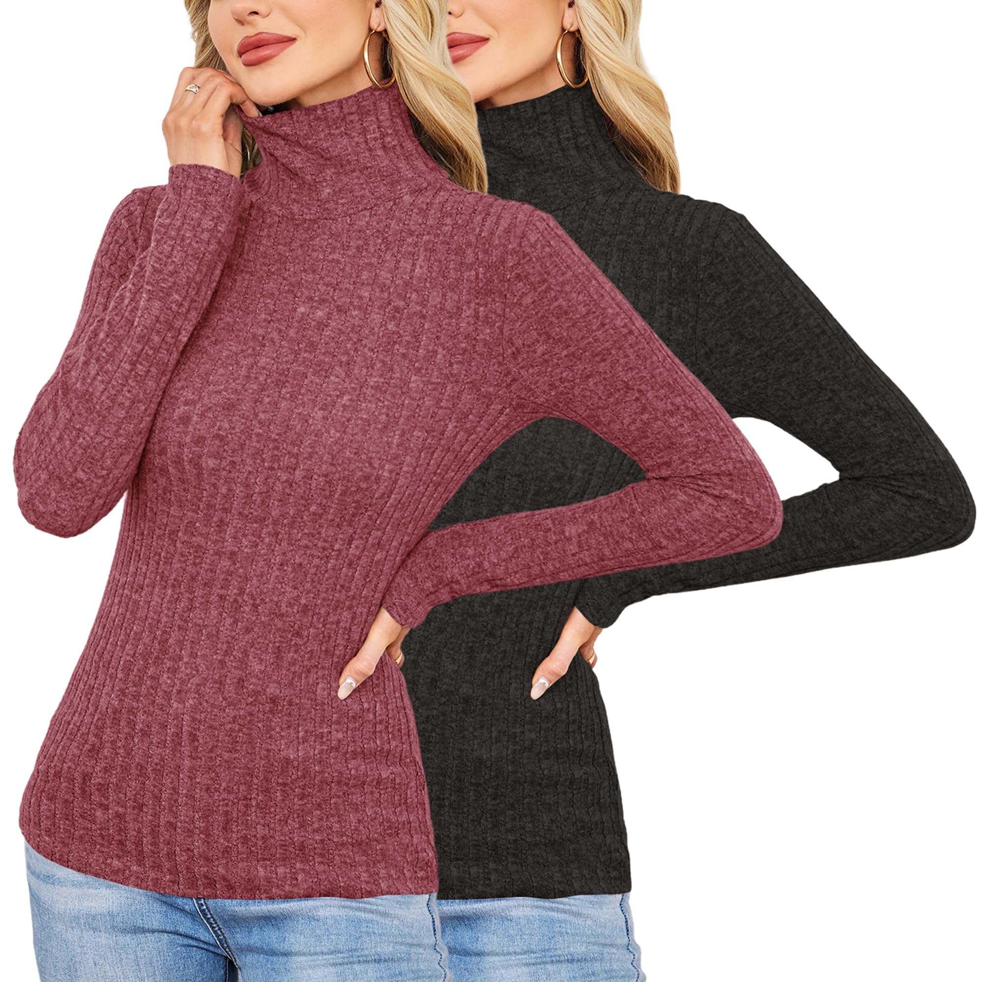 Women Long Sleeve Undershirts Tops Casual Thermal High Neck Shirts 2 Pack Basic Fall Fashion Dressy Lightweight Stretchy Trendy Outfits Black, Red Large