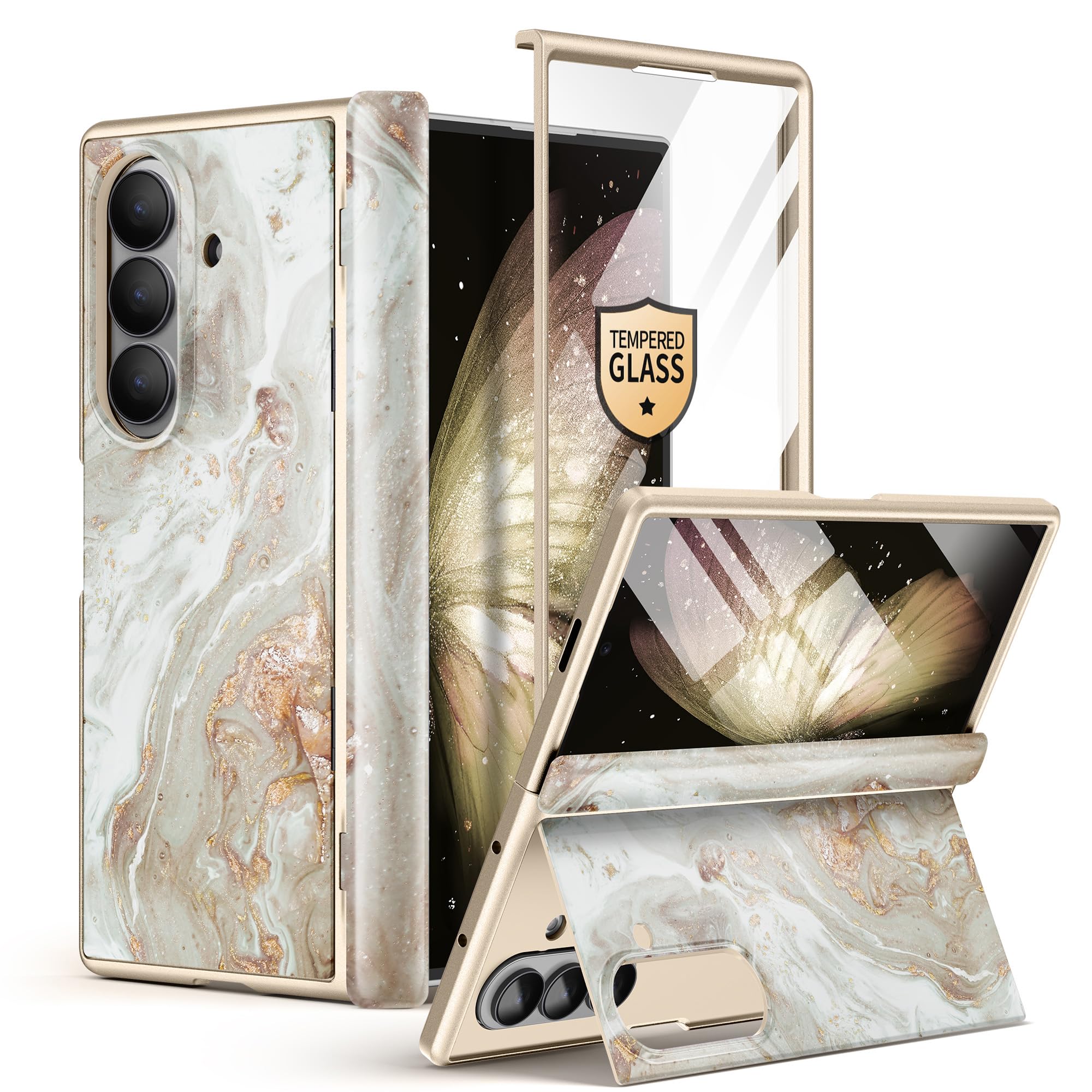 Photo 1 of GVIEWIN for Samsung Galaxy Z Fold 7 Case Built-in HD Screen Protector [Compatible with Magsafe][Hidden Kickstand] Magnetic Full-Body Hinge Protection Slim Phone Case for Z Fold 7, Pearlescent/Gold