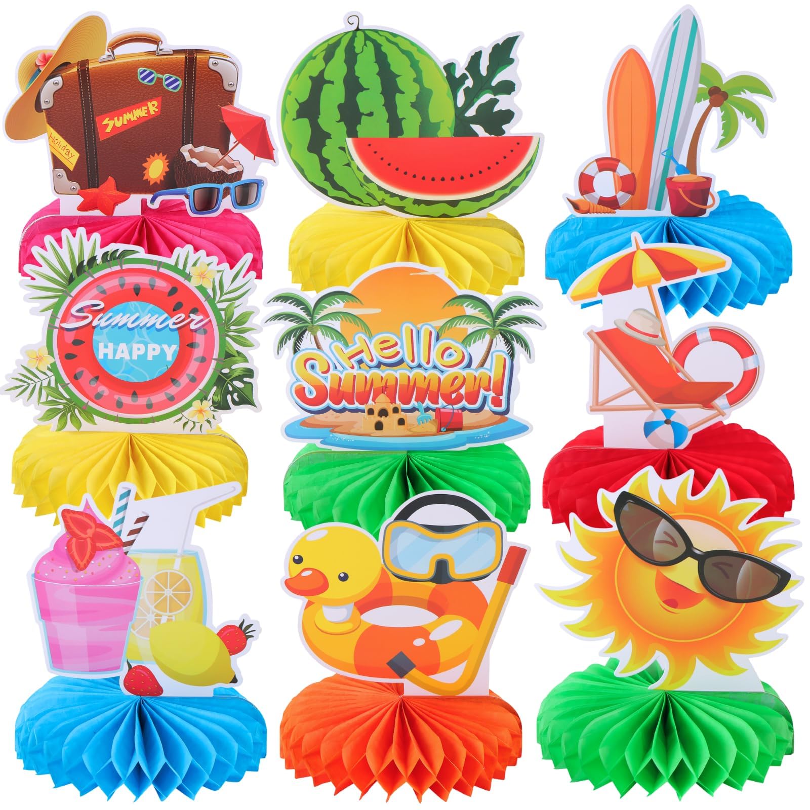 9pcs Happy Summer Honeycomb Centerpieces Beach Pool Party Decorations Hello Summer Tabletop Centerpieces Hawaiian Table Topper Sign Decorations for Summer Beach Birthday Wedding Pool Party Supplies