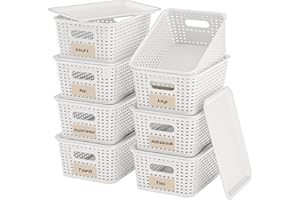 WRRLORS 8-Pack White Plastic Storage Baskets with Lids, Label Organizers, Stackable Organizer Containers: For Organizing Shelves, Drawers, Desk Closets, Playrooms, Classrooms, Offices