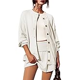 ZIZERY Womens Sweater Set 2 Piece Long Sleeve Mini Skirt Set Button Down Cardigan and Skort Sets Matching Sets(White,M)