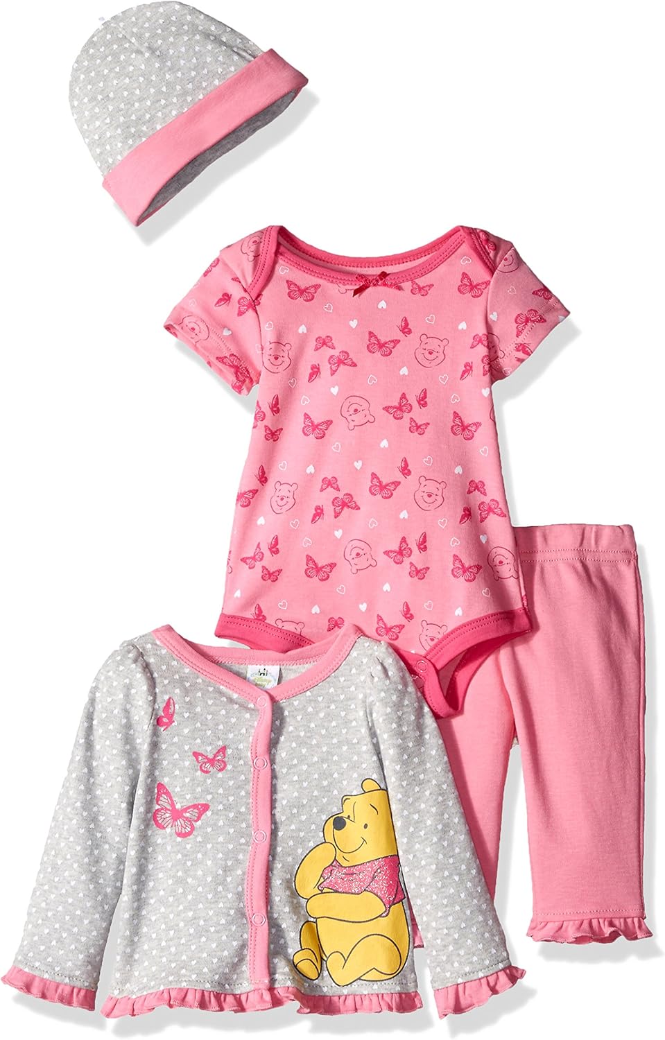 Disney Baby Girls' 4Piece Winnie the Pooh Cardigan Set with Bodysuit, Grey, 0/3