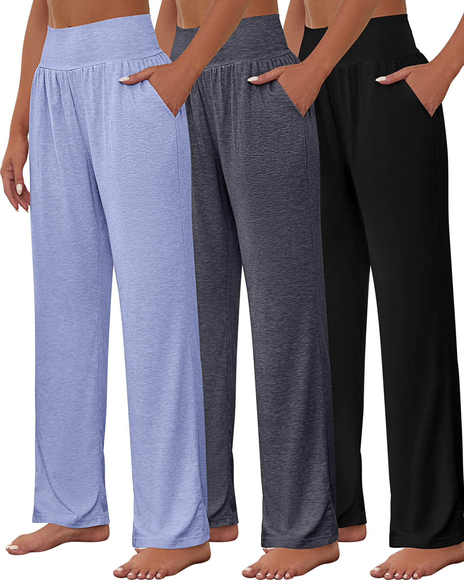 Photo 1 of Neer 3 Pcs Women's Wide Leg Yoga Pant Comfy Loose High Waist Lounge Waist Lounge Casual Athletic Workout Joggers Apparel(Large,Black, Gray, Blue)