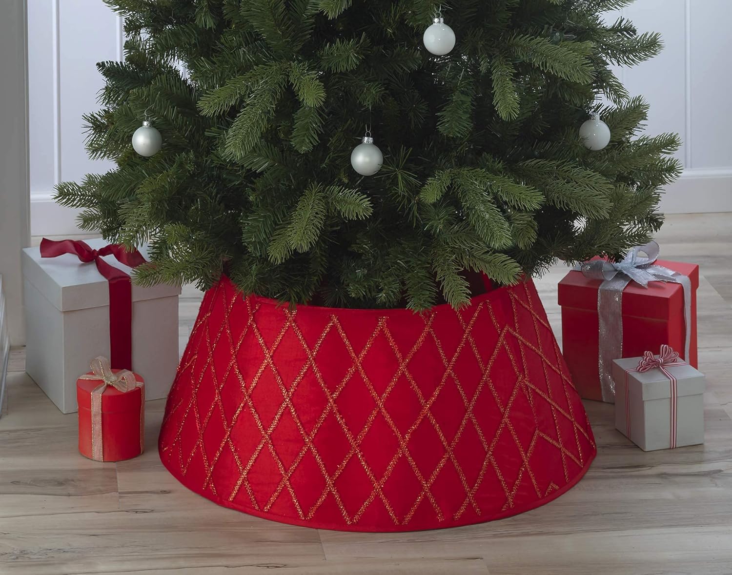 Tree Stands - New Traditions - Christmas Tree Collar (Satin Tree Collar - Criss Cross Red)