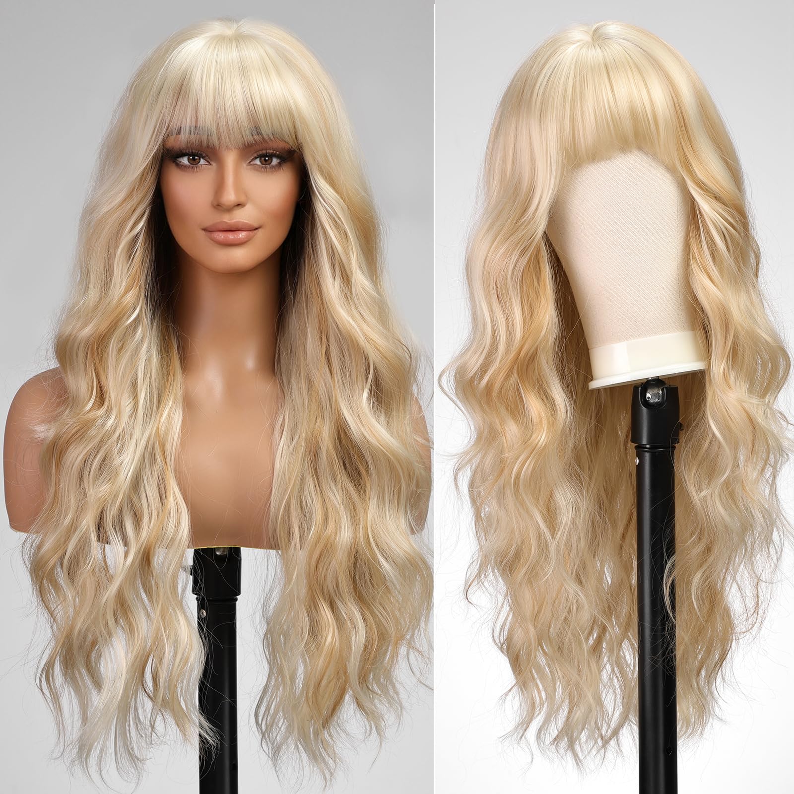 Photo 1 of KOME Light Blonde Wigs with Bangs,613 Blonde mixed Long Wavy Wig for Women,Long Curly Synthetic Hair Wig for Party Daily Use 26IN…