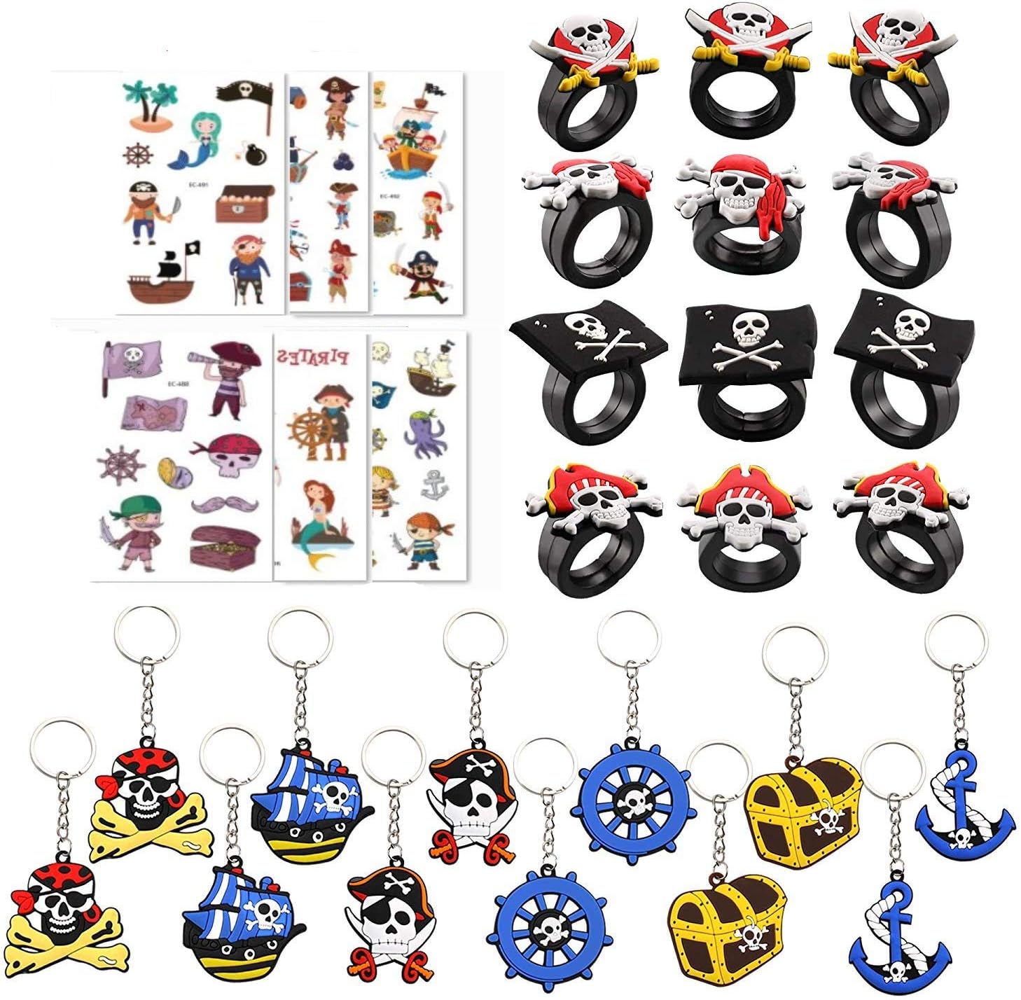 LATERN Kid's Pirate Party Supplies, 12Pcs Pirate Party Ring 12Pcs Pirate Keychain 6 Sheets Pirate Temporary Tattoo Stickers for Kids Birthday, Halloween, Prizes, Party Bag Fillers Toys for Kids