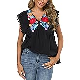 Women's Embroidered Floral Tops Peasant Blouses V Neck Ruffle Cap Sleeve Boho Summer Tops