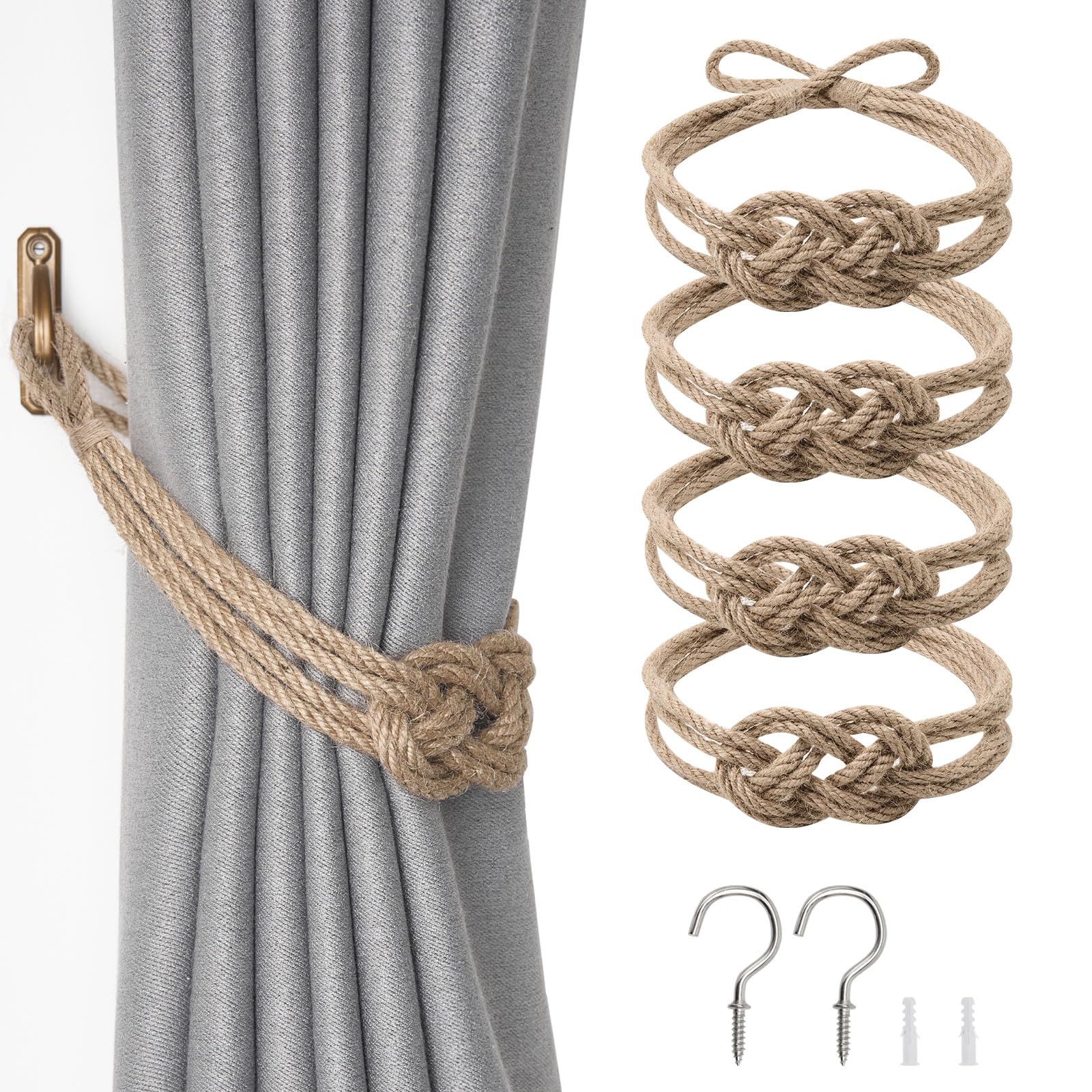 Pretty Jolly 4 Pack Natural Jute Rope Curtain Tiebacks Boho Rustic Style Decorative Drape Tie Backs Elegant Hand-Woven Rope Curtain Holdbacks with Metal Hook for Home & Office Drapery (Jute-Knot)