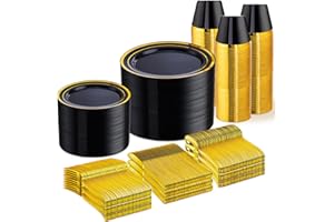WELLIFE 600 PCS Black and Gold Disposable Dinnerware Set for 100 Guests, Gold rimmed Plastic Dinner Plates,Salad Plates,Cups,Silverware Set for Party Supplies and Easter Events