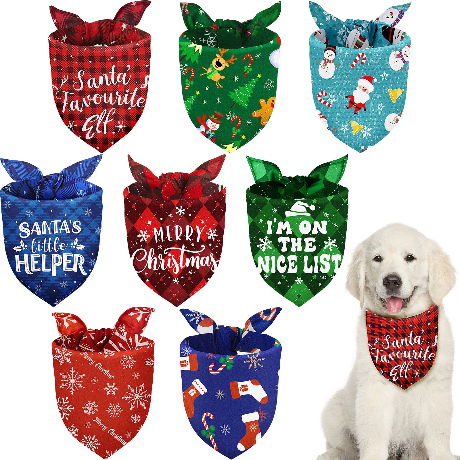 Frienda 8 Pcs Christmas Bandanas for dog Pets Scarf Buffalo Plaid Xmas Pet Bandanas Snowman Snowflake Pet Triangle Bib for Christmas Holiday Pets Cats Accessories Costume Supply (Cute Pattern,Medium)