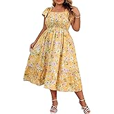 Hanna Nikole Women's Plus Size Summer Maxi Dress Short Sleeve Smocked Square Neck Casual Floral Flowy Dresses with Pockets