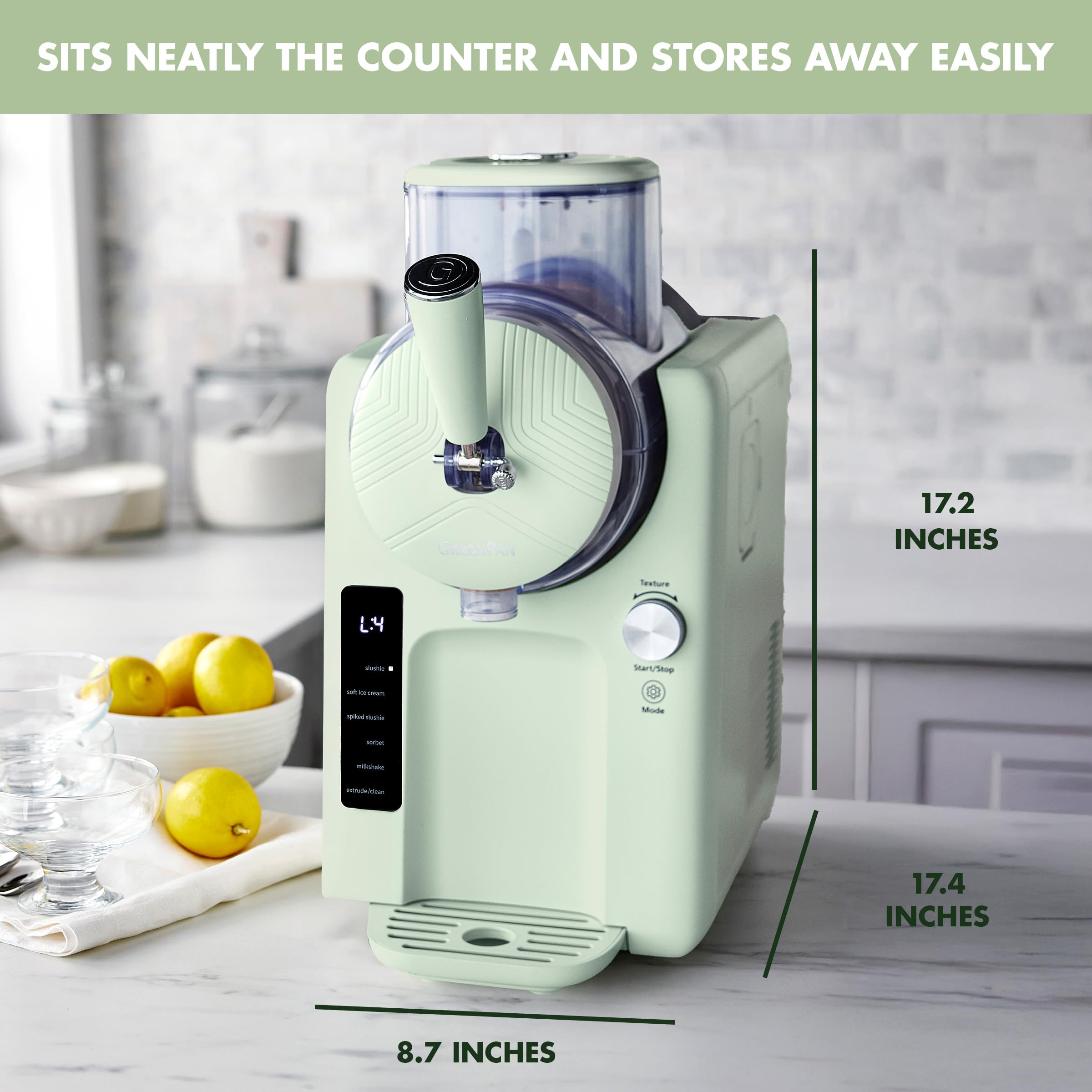 GreenPan Frost Máquina para hacer helados y bebidas congeladas, servicio suave, granizados, sorbetes, batidos y cócteles, no necesita congelador, 7 texturas, silencioso y rápido, fácil de limpiar, tamaño familiar, pistacho salvia
