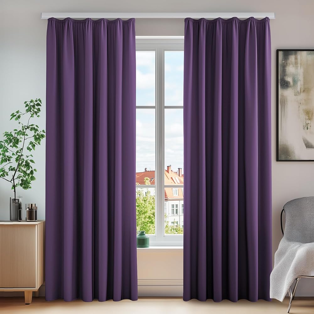 Deconovo Energy Saving Curtains Blackout Pencil Pleat Purple Grape 55x114 One
