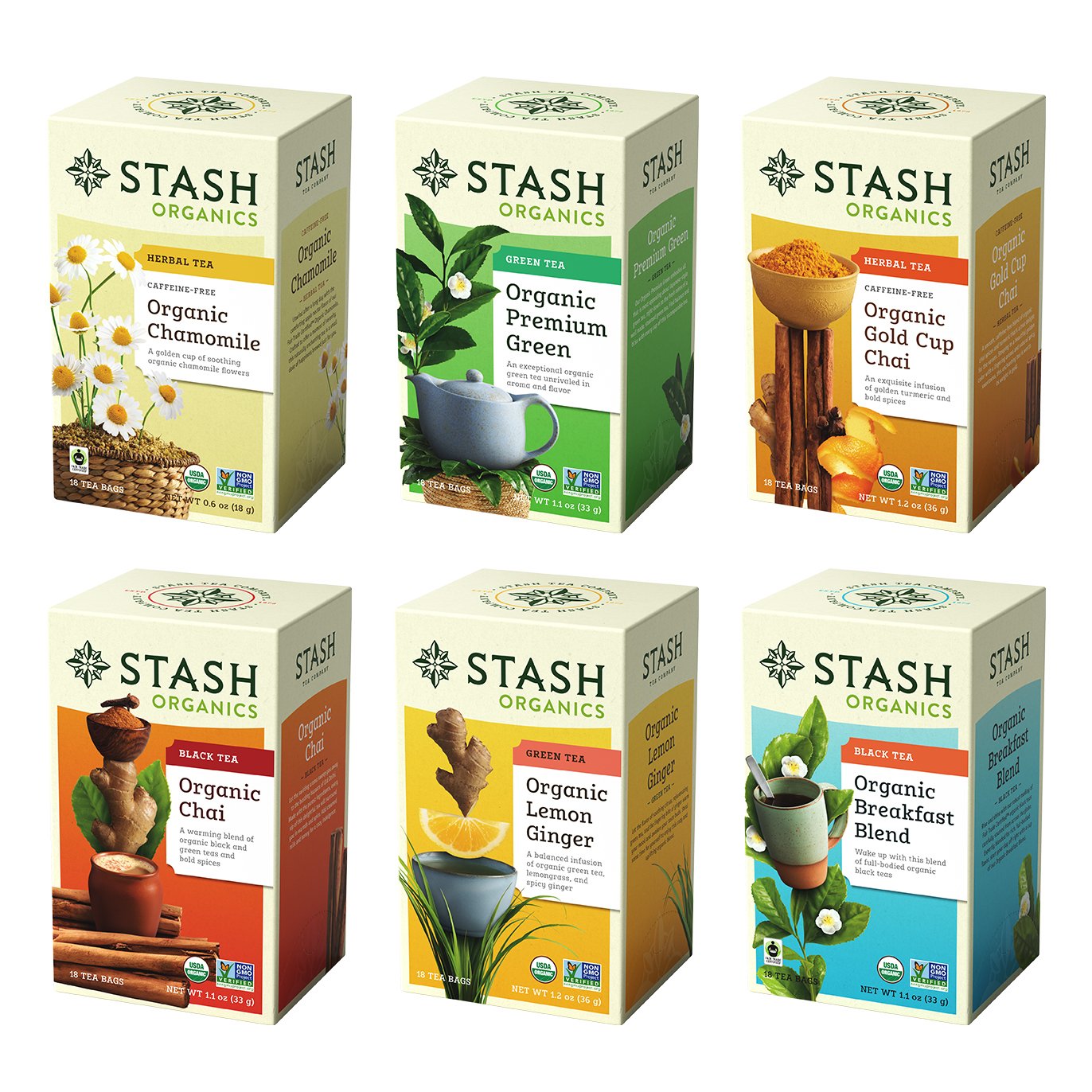 Stash Tea Organic Tea Six Flavor Assortment 18 Count Tea Bags in Foil (Pack of 6) Individual Tea Bag Variety Pack, Use in Teapots Mugs or Cups, Brew Hot Tea or Iced Tea