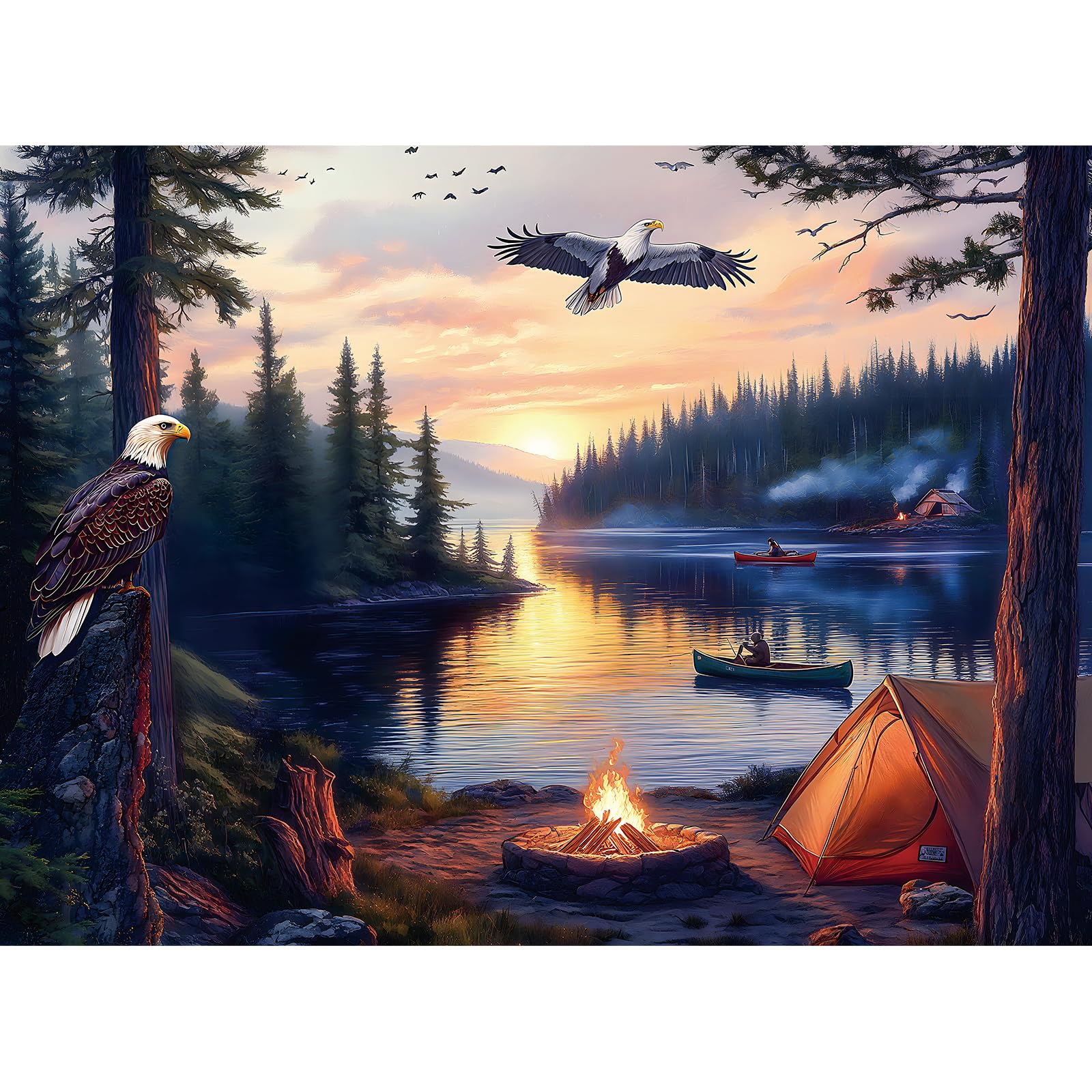 Photo 1 of 500 Piece Jigsaw Puzzle for Adults – Peaceful Lake Sunset with Eagles and Campfire | Nature Landscape | Relaxing 500 Piece Puzzles for Adults & Great Puzzle for Family Time or Display (20.5" x 15")