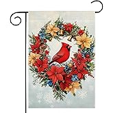 Winter Red Bird Flowers Garden Flag 12x18 Inch Double Sided Christmas Cardinal Colorful Floral Bell Yard Outdoor Flag House Holiday Outside Decoration