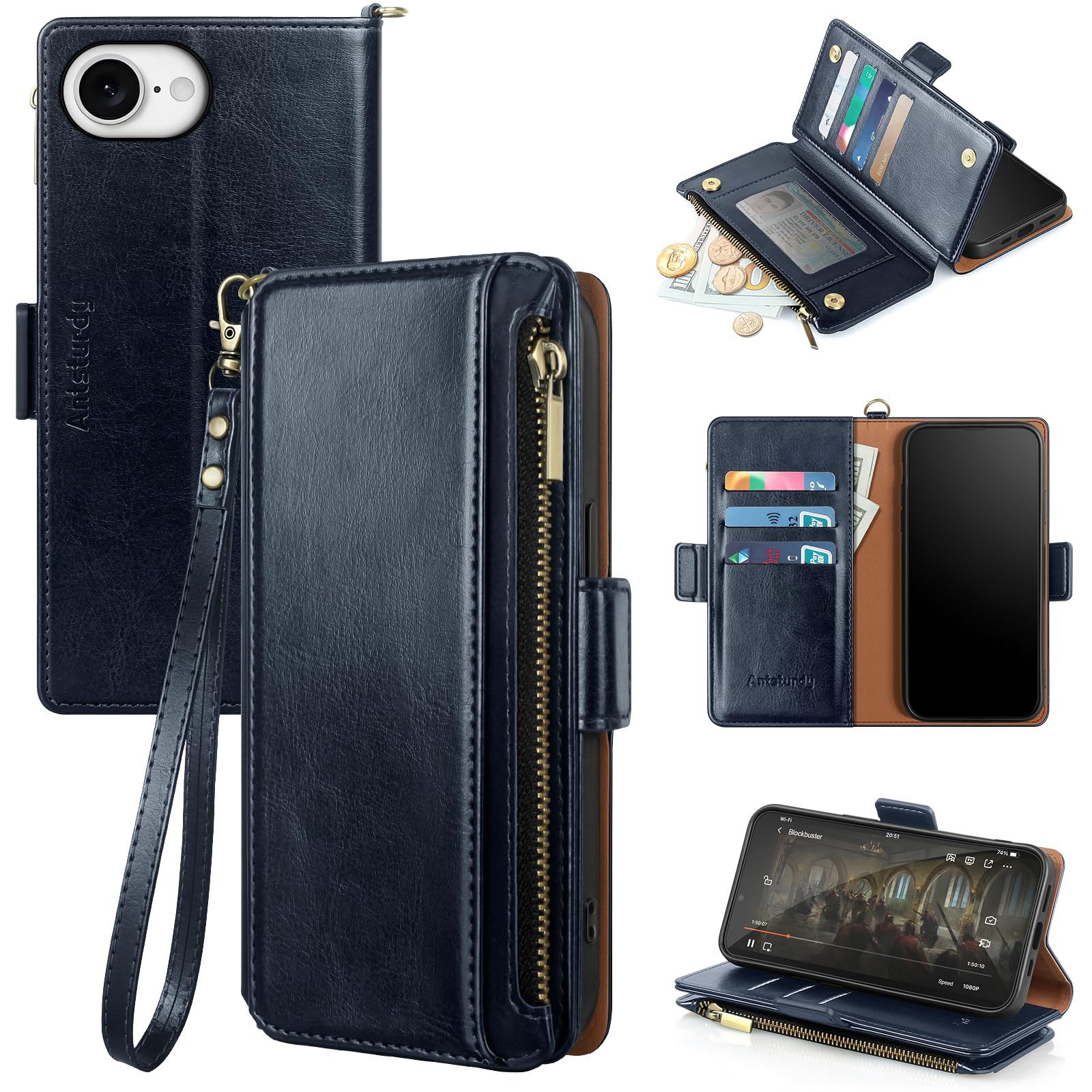Antsturdy Compatible with 4.7 inch iPhone 6/6S/7/8/SE 2020/SE 2022 Wallet Case,RFID Blocking PU Leather Phone Case Women Men Kickstand Flip Cover Wrist Strap Zipper Credit Card Holder Slots,Dark Blue