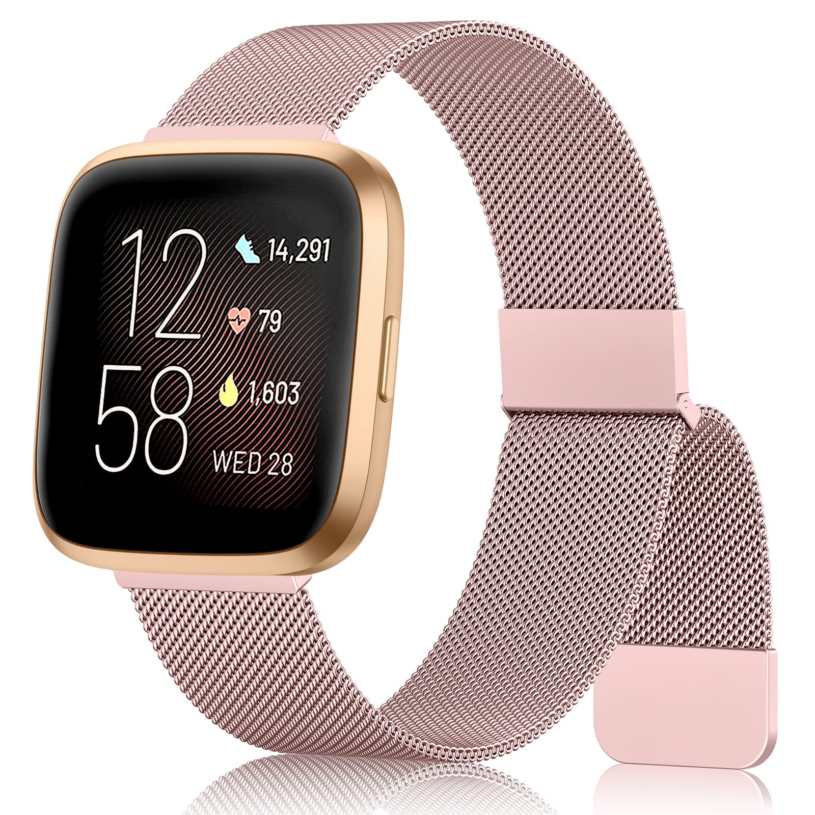 Amzpas Strap Compatible With Fitbit Versa 2/Lite for Women - Stainless Steel Metal Bracelet With Enhanced Magnet (Rose Pink)