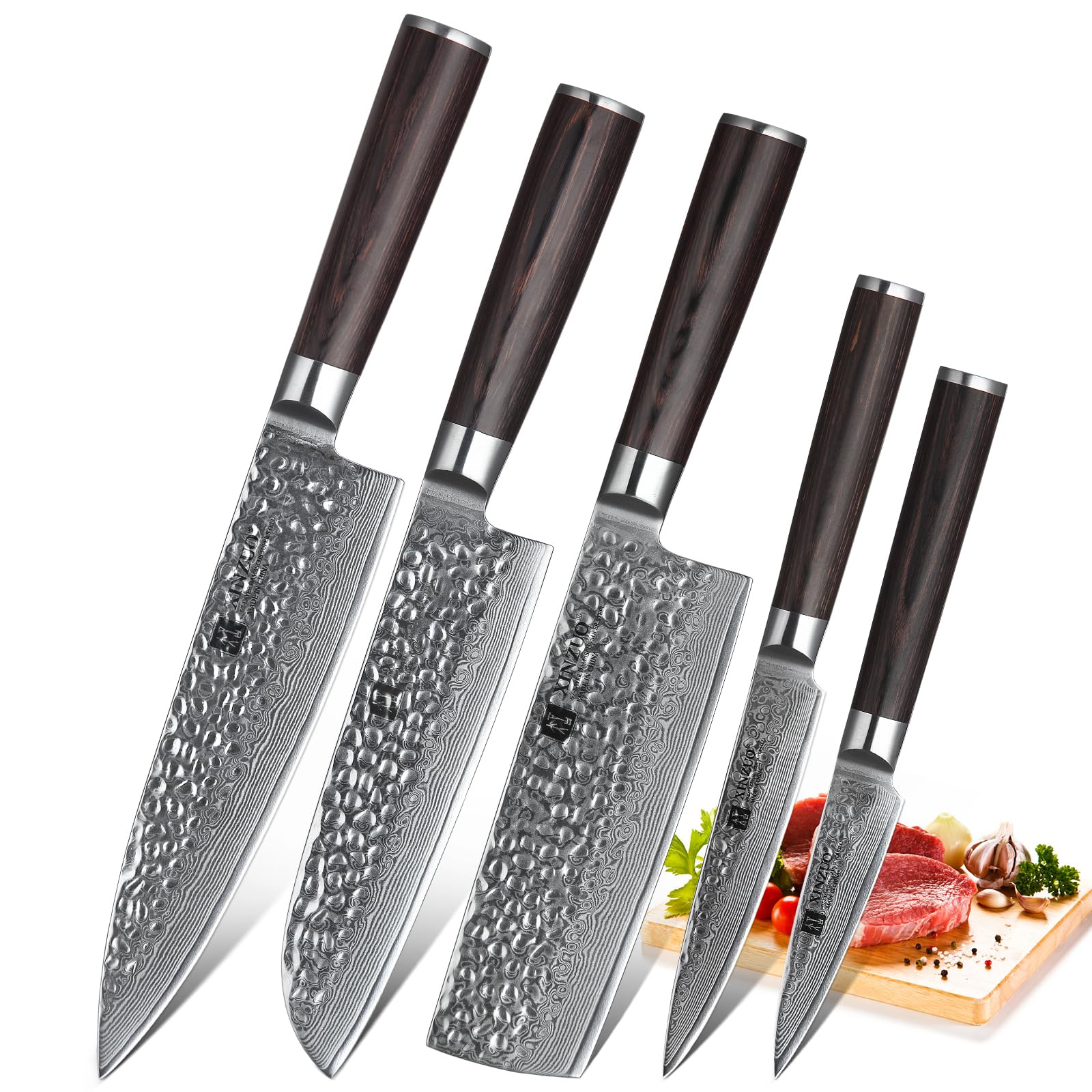 XINZUO Damaskus Küchenmesser Set 5er, Scharf Gyuto VG10 Edelstahl mit Hohem Kohlenstoffgehalt Chefmesser Santokumesser Nakirimesser Allzweckmesser Obstmesser Ergonomischer Pakkaholz Griff