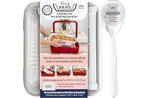Fancy Panz Premium Dress Up & Protect Your Foil Pan, Made in USA. Hot/Cold Gel Pack, One Half Sized Foil Pan & Serving Spoon Included. Stackable for easy travel, Plastic (White)