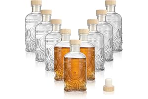 Kingrol 9 Pack 7 oz Glass Liquor Bottles with T-Top Stoppers, Vintage Sunflower Embossed Bottles, Small Glass Bottles for Whi