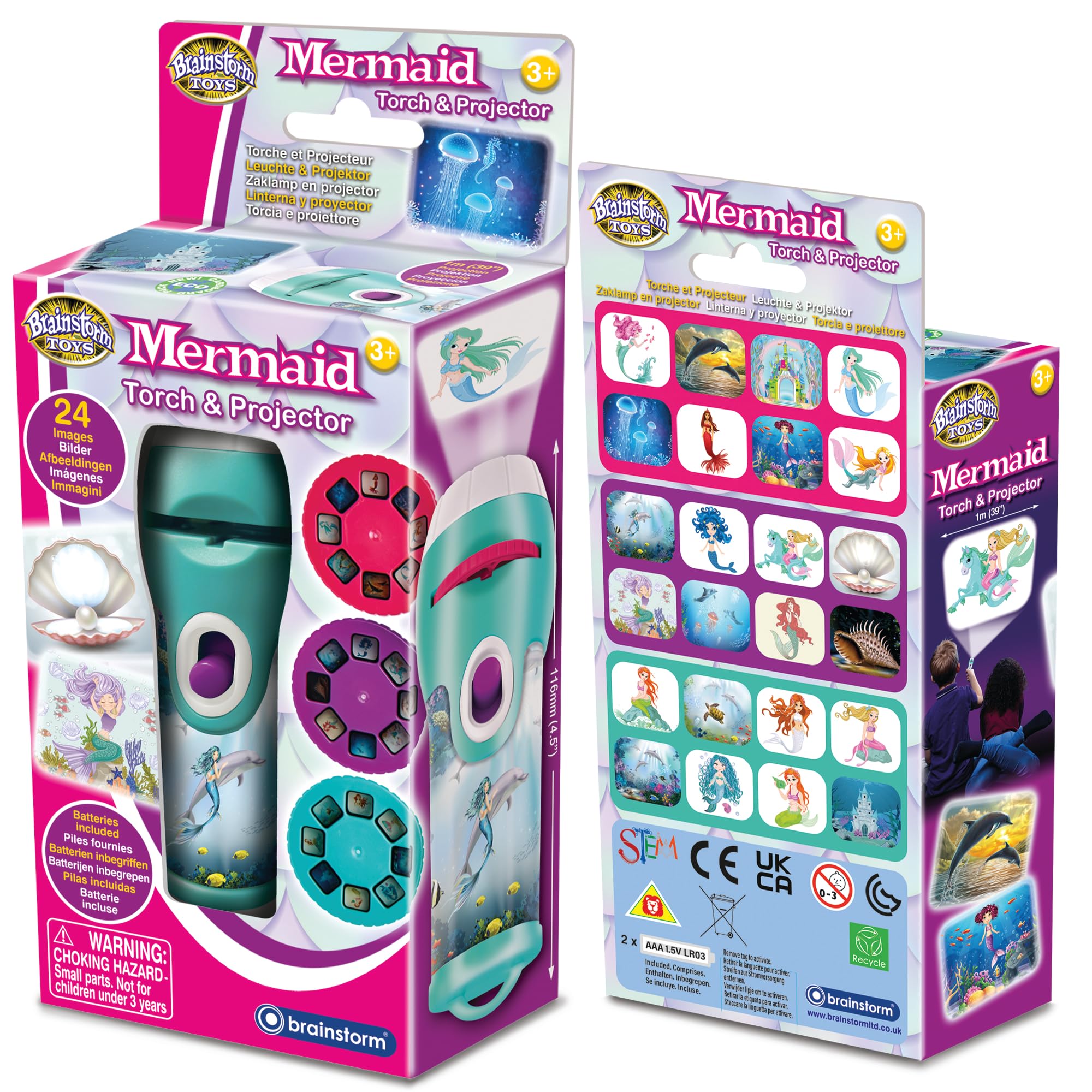 Brainstorm TOYS Stem Mermaid Torch and Projector - 24 Enchanting Images, Projects Clear Pictures up to 1 Metre Wide, Interactive Kids Flashlight Toy