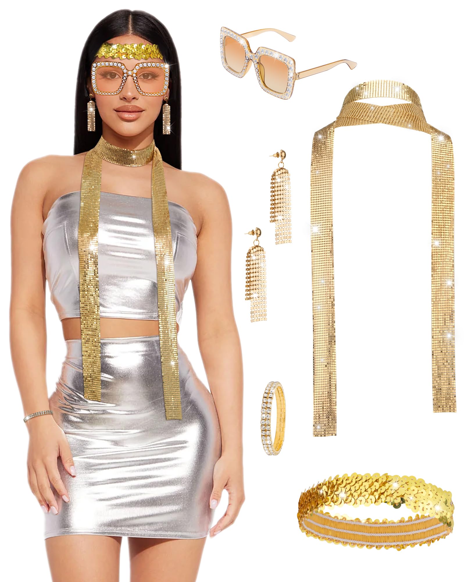 Photo 1 of AWAYTR 70s Disco Accessories for Women 5PCS Sequin Scarf Disco Earrings Sunglasses Headband Diamond Bracelet (Gold)