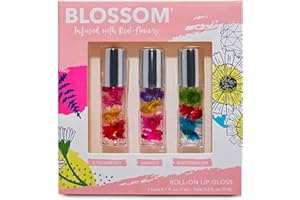 Blossom Roll on Lip Gloss, Scented Clear High Shine Moisturizing Lip Oil, Non Sticky, Infused with Real Flowers, Made in USA, 0.3 fl. oz./9ml, 3 pack Mini Gift Set, Strawberry, Watermelon, Mango