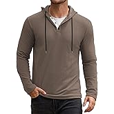 Vssjavun Mens Hoodie Pullover Long Sleeve Casual Henley Shirts Slim Fit Hooded Athletic Shirt with Drawstring