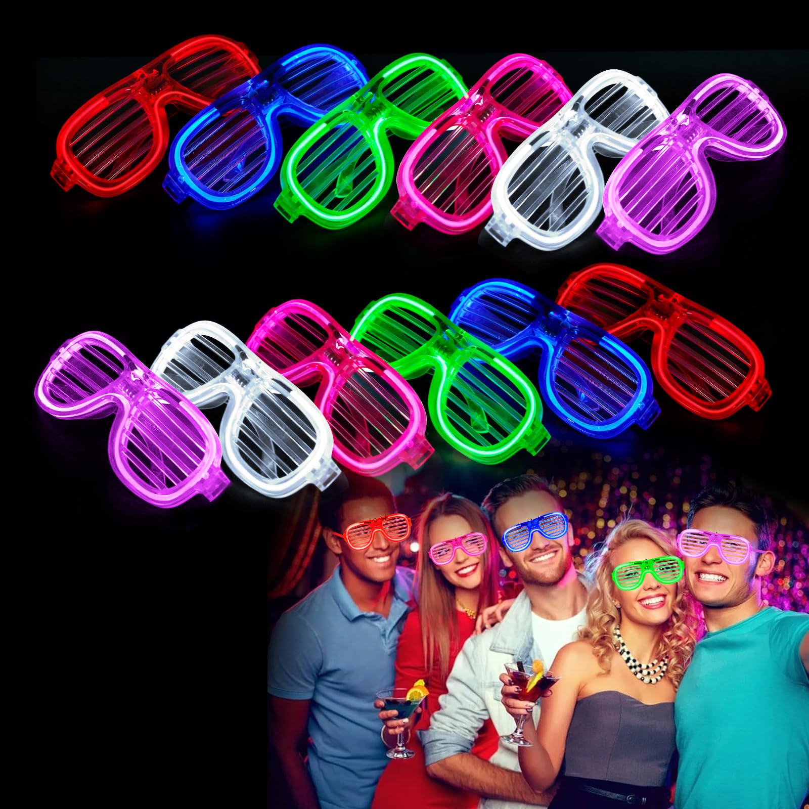 Libershine Futuristic LED Glasses - 12 Pack Neon Light Up Rave Glasses, 6 Colours for Festival Concert Birthday Dance Party