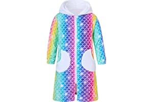 Funnycokid Girls Robe Kids Hooded Bathrobe Zip Fleece Fuzzy Soft Pajamas Plush Sleepwear 4-14 Years