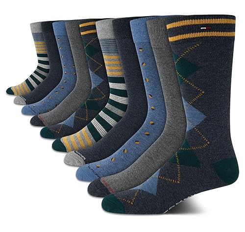 Tommy Hilfiger Mens Dress Socks - 10 Pack Lightweight Reinforced Heel Classic Crew Sock - Dress Socks for Men (7-12), Size 7-12, BlueGreenMulti