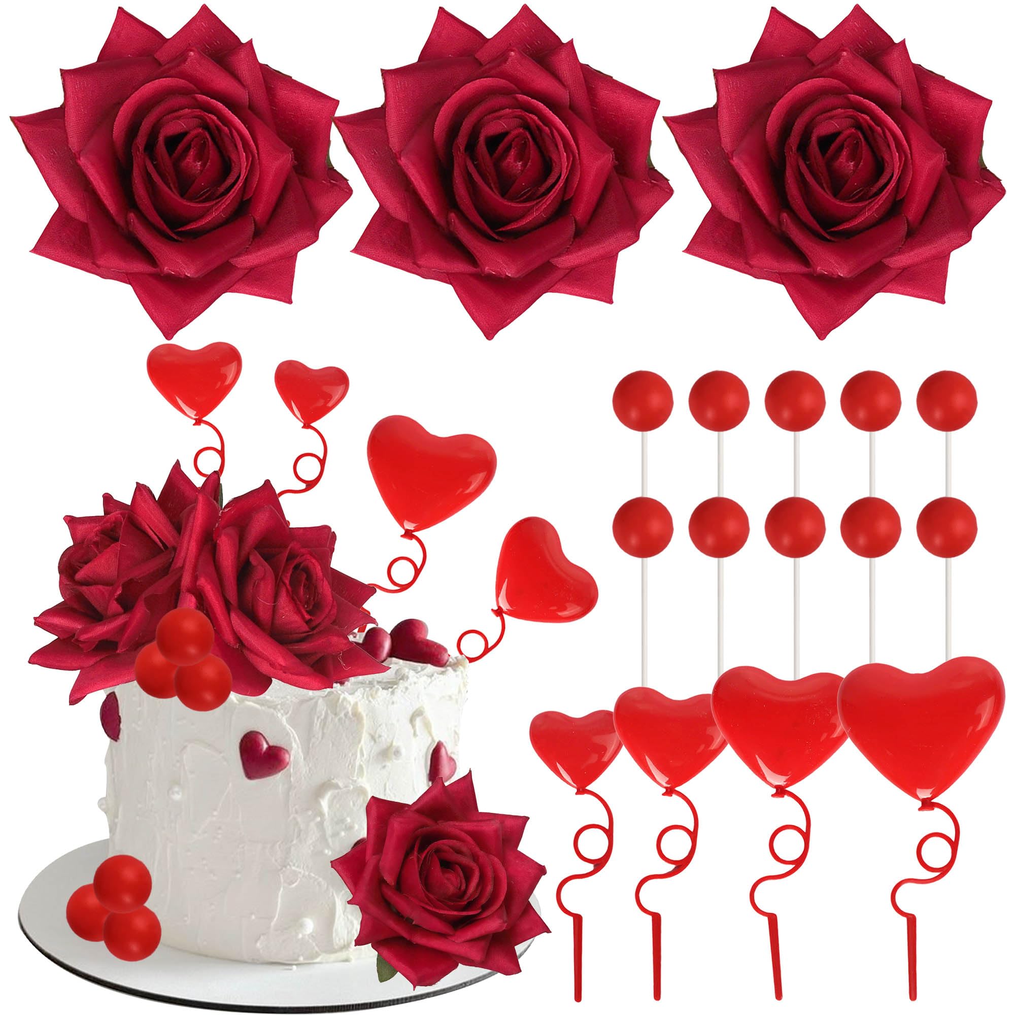 14 Pack Happy Valentine's Day Cake Decoration Red Rose Flower Cake Toppers Red Heart Cake Decoration for Baby Shower Women Girls Birthday Wedding Valentine's Day Celebration Party Supplies