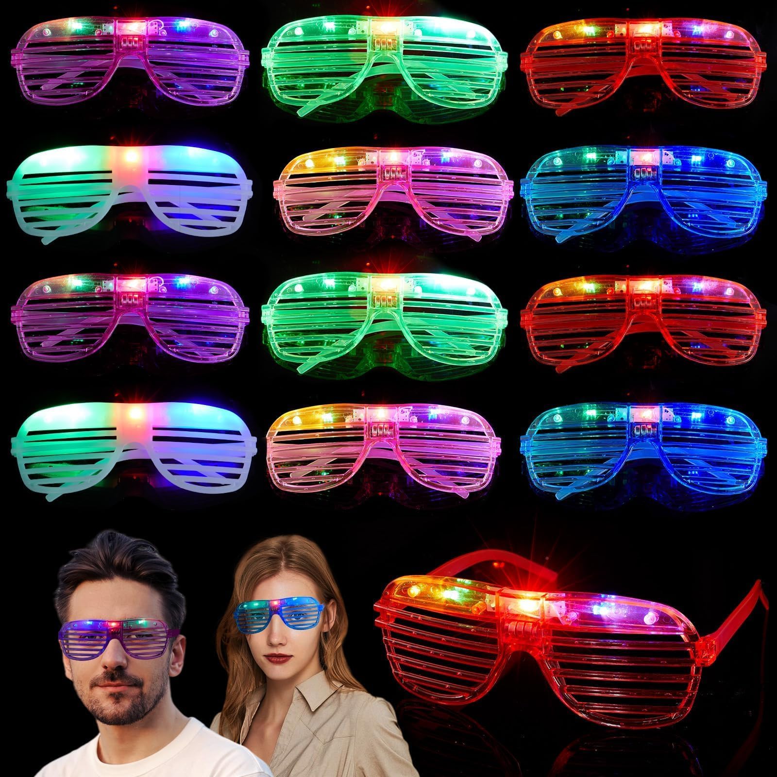 Mikulala 12Pcs Light Up Glasses,Shutter Shades LED Glasses Rave Party Set,Rave Glasses Festival Accessories,Neon Glasses Glow in the Dark Light Up Toys for Adults Wedding