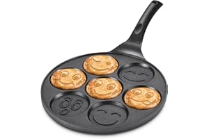 Pancake Pan with 7 Smiley Face, Nonstick Pancake Maker Mini Pancake Griddle Pan for Kids, Black