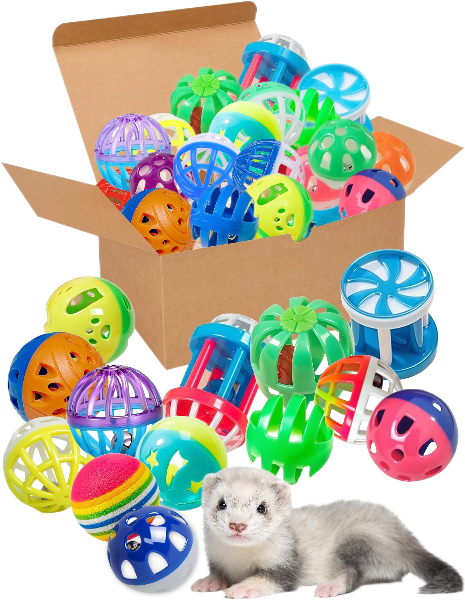 Photo 1 of 28-Pack Resilient Ferret Toys, Colorful Teething Balls, Bells, Interactive Stimulation, Easy-Clean for Oral Health (1.5'' - 2.8'', Ferret Toys Pro Collection)