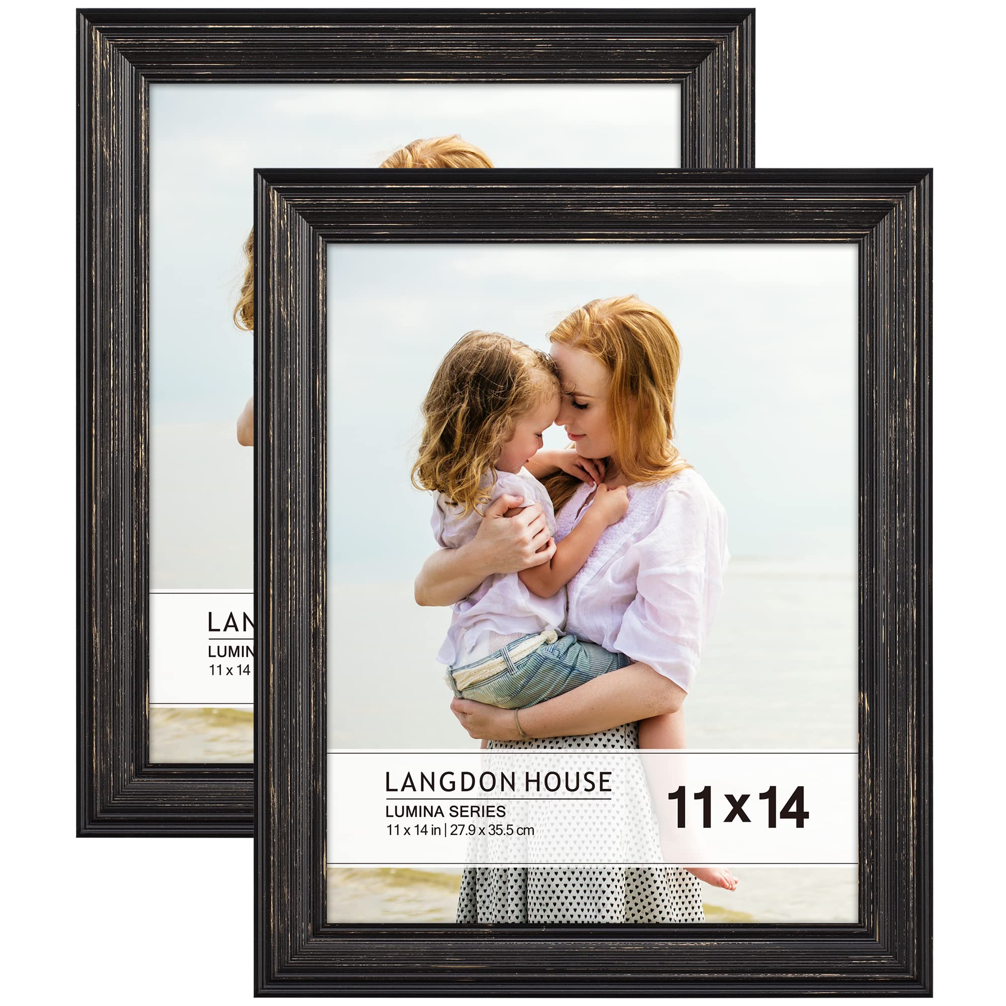 Langdon House - 14x11 Real Wood Picture Frames - Barnwood Black - Gold Accents, 2 Pack - French Country Style Wooden Photo Frame 14 x 11 - Lumina Collection