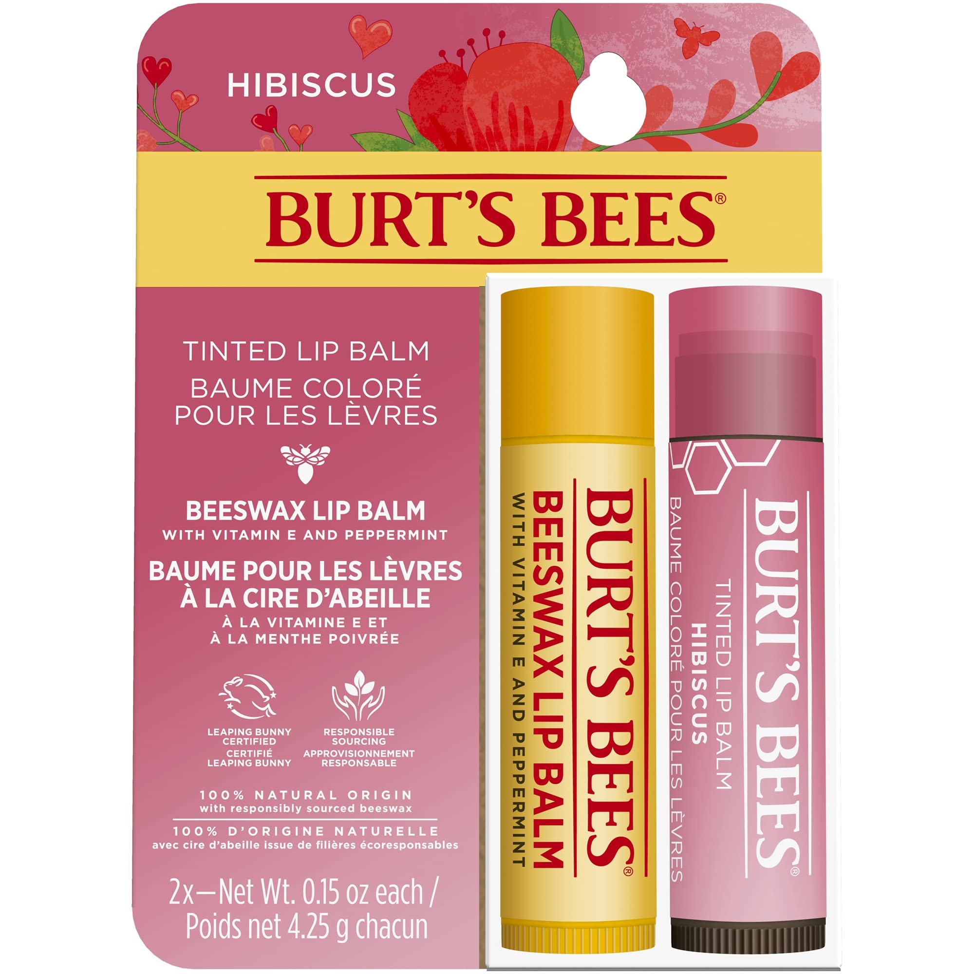 Burt's Bees Lip Balm Multipack, 2x4.25g, Pink, Pack Of 1: Moisturising Lip Balm Duo, Beeswax & Tinted in Hibiscus, Natural, Softening, Nourishing, Dry Lip Care