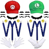 Humairc Super Bros Hats Accessories Set Mary Luigy Caps, Mustaches, Suspenders, Gloves Buttons Halloween Cosplay Costume