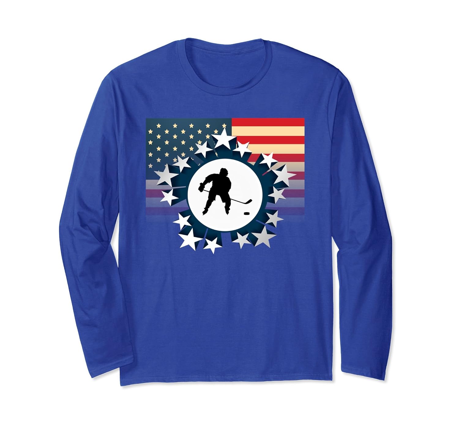 Ice Hockey American USA Flag with Stars Long Sleeve Shirt-anz