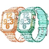 ANCOOL Compatible with Apple Watch Clear Band 41mm 40mm 38mm for Women Men, Crystal Bands with Bumper Case for iWatch Series 9 8 7 SE 6 5 4 3 2 1, Clear Orange+Green