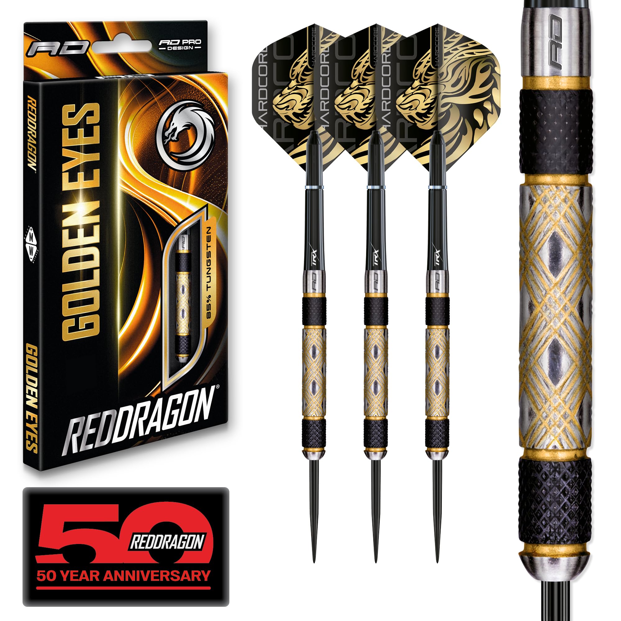 RED DRAGON - Golden Eyes - 22g, 24g, 26g, 28g, 30g, 32g Professional 85% Tungsten Darts Set with Flights and Stems